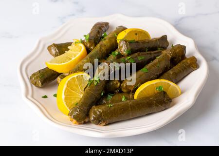 Traditional delicious Turkish foods; stuffed leaves (yaprak sarmasi) Stock Photo