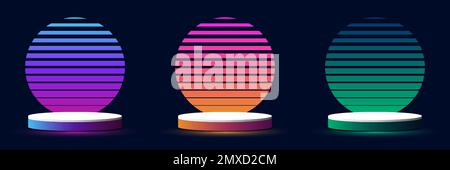 Set of 3D white and neon colors podium stand pedestal with sunrise gradient colorful circles backdrop retro 70s 80s style. You can use for products di Stock Vector