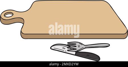 Hand Drawn Wooden cutting board with fork and knife illustration in doodle style isolated on background Stock Vector