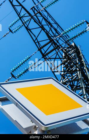 high voltage pylon with Sign 306, priority road, detail, Austria Stock Photo