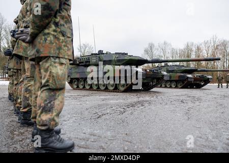 Pfreimd, Germany. 03rd Feb, 2023. New Leopard 2 A7V tanks from the German Army stand on the barracks grounds during the ceremonial handover for Tank Battalion 104. Tank Battalion 104 will gradually be equipped with Leopard 2 A7V main battle tanks over the coming months. The suffix 2 A7V refers to the 7th development stage of the Leopard 2 and the 'V' stands for 'improved. Credit: Daniel Karmann/dpa/Alamy Live News Stock Photo