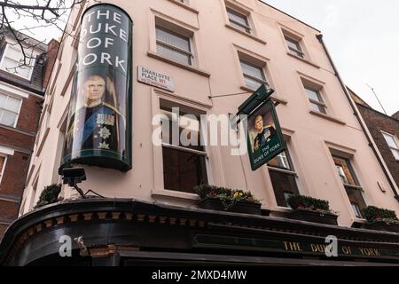 London, UK. 30th January, 2023. A general view of the signage for the Duke of York public house in Fitzrovia. The pub was licensed in 1767 and rebuilt in 1897. Images of Prince Andrew, Duke of York, appear on pub signs outside. Credit: Mark Kerrison/Alamy Live News Stock Photo