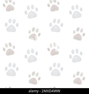 Seamless watercolor pattern with pastel paw prints on white background Stock Photo