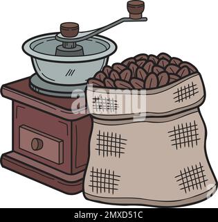 Hand Drawn Manual coffee grinder with coffee beans illustration in doodle style isolated on background Stock Vector