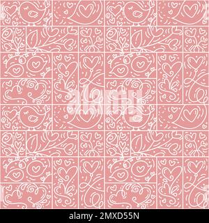 Valentines logo vector seamless pattern love, bird, heart, envelope line and abstract on pink background. Hand drawn monoline constructor for romantic Stock Vector