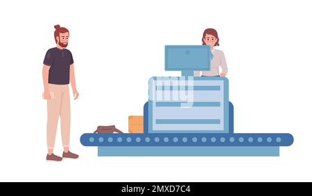 Traveler going through check in baggage in airport semi flat color vector characters Stock Vector