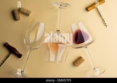 Glasses of red, white and rose wine in a row, illustration - Stock Image -  C039/6153 - Science Photo Library