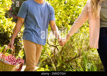 Midsection of diverse couple holding hands walking in sunny garden with picnic basket Stock Photo
