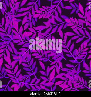 Purple and violet seamless pattern leafs on black background. Stock Vector