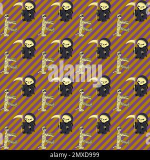 Seamless pattern Halloween party with Mummy and Death Grim Reaper on a diagonal striped background Stock Vector