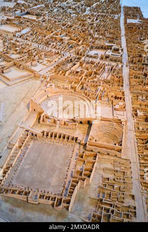 A giant, large, 3D overview map, guide to ruined Pompeii. Detail showing the two theaters. At the Archeological Museum, Museo Archeologico Nazionale d Stock Photo