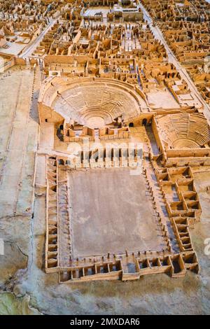 A giant, large, 3D overview map, guide to ruined Pompeii. Detail showing the two theaters. At the Archeological Museum, Museo Archeologico Nazionale d Stock Photo