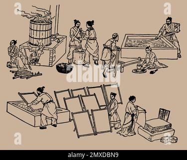 Papermaking during Eastern Han dynasty in China. Museum: PRIVATE COLLECTION. Author: ANONYMOUS. Stock Photo