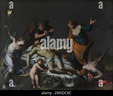 Lamentation over the Dead Christ with Mary Magdalene and angels. Museum: Galleria Borghese, Rome. Author: ALESSANDRO TURCHI. Stock Photo