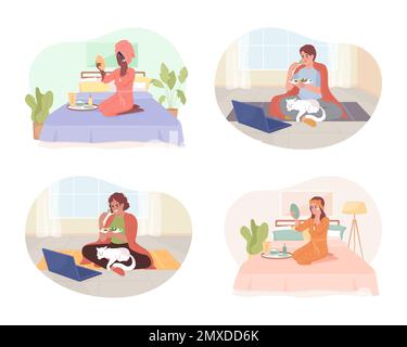 Chilling at home 2D vector isolated illustrations set Stock Vector