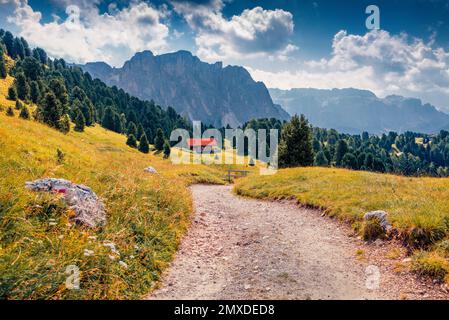 Amazing summer view of Piza da la Creusc mountain range in National Park Dolomites, South Tyrol, Italy, Europe. Wonderful morning scene of Gardena val Stock Photo