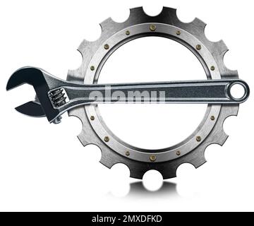 Closeup of a modern stainless steel adjustable wrench on a metal gear (cogwheel), isolated on white background with copy space and reflection. Stock Photo