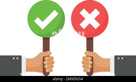 Hands hold signboard icon in flat style. Right and wrong feedback vector illustration on isolated background. Yes, no sign business concept. Stock Vector