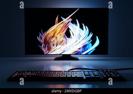 Powerful personal computer. Cozy desktop for gamer, monitor with rgb keyboard lit with blue and neon light. Stock Photo