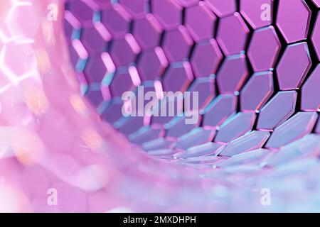 3d illustration of a portal from a circle,  walkway.  A close-up of a pink round monocrome tunnel. Stock Photo