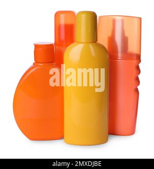 Bottles with sun protection products isolated on white Stock Photo