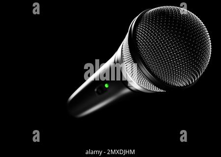 microphone, round shape model, realistic  3d illustration. music award, karaoke, radio and recording studio sound equipment Stock Photo