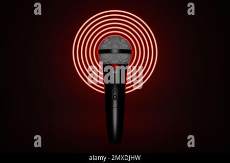 microphone, round shape model o neon background, realistic  3d illustration. music award, karaoke, radio and recording studio sound equipment Stock Photo