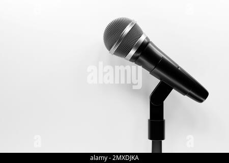 microphone, round shape model o neon background, realistic  3d illustration. music award, karaoke, radio and recording studio sound equipment Stock Photo