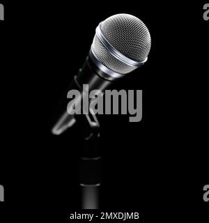 microphone, round shape model o neon background, realistic  3d illustration. music award, karaoke, radio and recording studio sound equipment Stock Photo