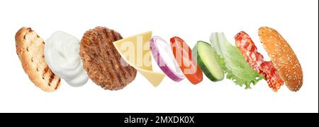 Set of ingredients for delicious burger on white background. Banner design Stock Photo