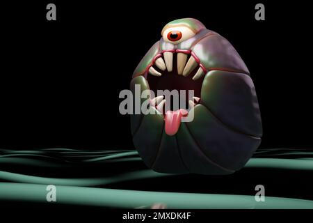 3D illustration of a scary one-eyed green monster on a dark isolated background. Funny monster for kids design Stock Photo