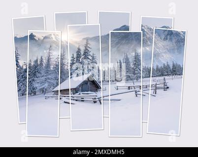 Isolated eight frames collage of picture of abandoned mountain village. Picturesque winrer sunrise in the mountains. Mock-up of modular photo. Stock Photo