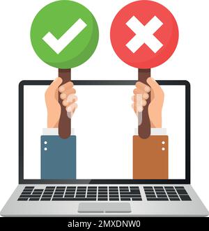 Hands hold signboard with laptop computer icon in flat style. Right and wrong feedback vector illustration on isolated background. Yes, no sign busine Stock Vector