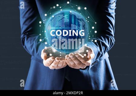 Businessman demonstrating virtual image of globe, closeup. Coding and programming Stock Photo