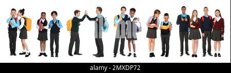 Children in school uniforms on white background. Banner design Stock Photo