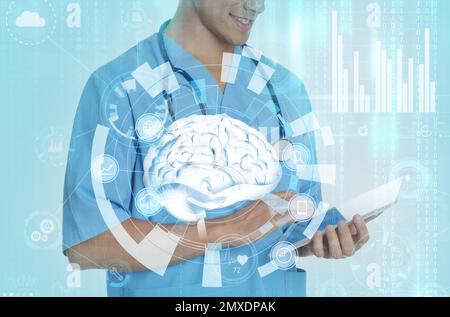 Double exposure of doctor using tablet and artificial intelligence ...