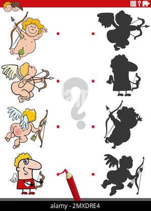 Cartoon illustration of match the right shadows with pictures educational game with comic cupids characters Stock Vector