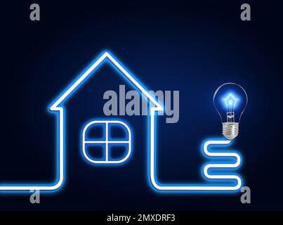 Creative image of house and light bulb on dark background. Energy efficiency, loan, property or business idea concepts Stock Photo