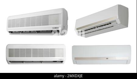 Set with different modern air conditioners on white background. Banner design Stock Photo
