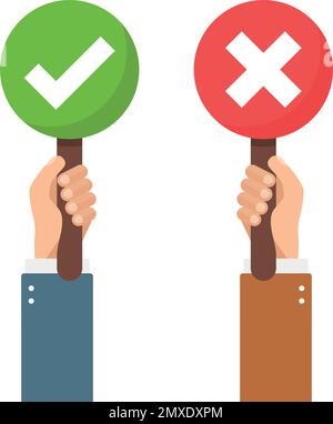 Hands hold signboard icon in flat style. Right and wrong feedback vector illustration on isolated background. Yes, no sign business concept. Stock Vector