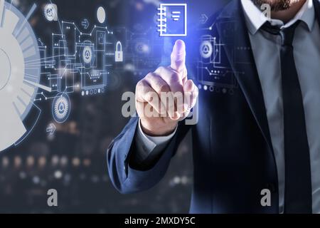 Businessman clicking on document icon using virtual screen, closeup Stock Photo