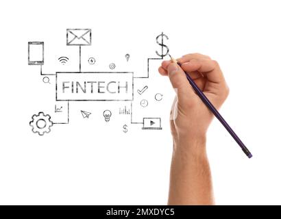 Fintech concept. Man drawing scheme and on white background, closeup Stock Photo