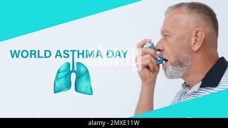 World asthma day. Man using inhaler on color background, banner design Stock Photo