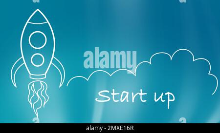 Business startup concept. Illustration of flying rocket on light blue background Stock Photo