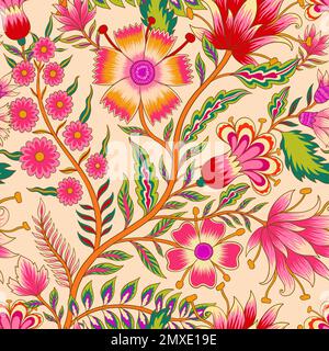 Beautiful floral romantic seamless pattern in Jacobean style.The ornament is also inspired by Mughal art.The design depicts a bunch of fantasy flowers Stock Vector