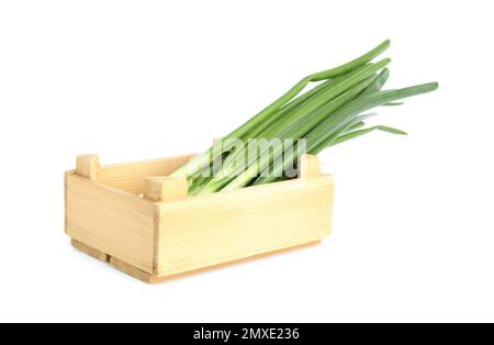 Fresh green spring onions in wooden crate isolated on white Stock Photo