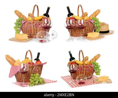 Set of wicker picnic baskets with products on white background Stock ...