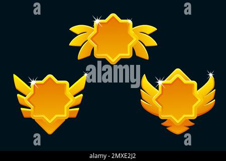 Golden game rank icons isolated. Game badges buttons in star frame with wings Stock Vector