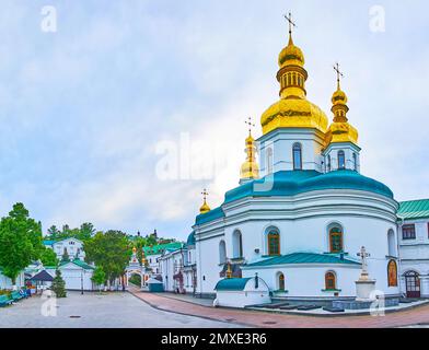 Historic golden domed Exaltation of the Holy Cross Church of Kyiv Pechersk Lavra Cave Monastery, Ukraine Stock Photo