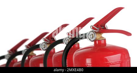 Set with fire extinguishers on white background, banner design Stock Photo